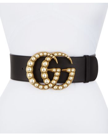 Gucci Women's Wide leather belt with pearl Double G Black